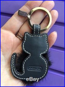 Rare! COACH Leather and Mink Black Cat Kitten Key Fob Key Chain Bag Charm 92945