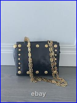 Rare Vtg Gianni Versace Black Gold Medusa Greek Key Chain Bag