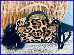 SET OF 2 Kate Spade CAT Leopard mini Janine Calf Hair Crossbody + Pom keychain