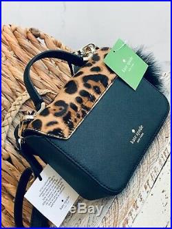 SET OF 2 Kate Spade CAT Leopard mini Janine Calf Hair Crossbody + Pom keychain