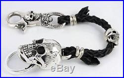 Skull 925 Sterling Silver Real Leather Men's Key Chain Wallet Belt Holder Biker