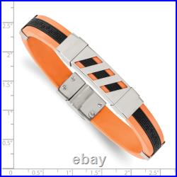 Stainless Steel Black Orange Rubber Greek Key 8 inch Chain Bracelet