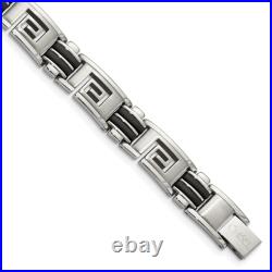Stainless Steel Black Rubber Inlay Greek Key 8.5 inch Chain Bracelet