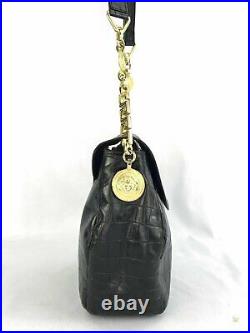 VERSACE Black Crocodile Embossed Leather Greek Key Chain Flap Shoulder Bag VTG