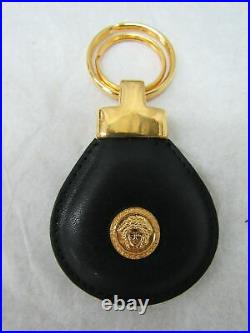 VINTAGE GIANNI VERSACE'90s MEDUSA METAL LEATHER KEY CHAIN GOLD BLACK WITH BOX