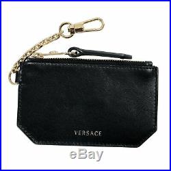Versace 100% Leather Black Keychain Unisex Id Case