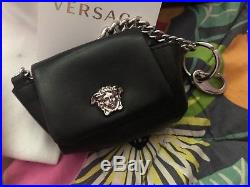 Versace key chain, Medusa, Black Leather, Silver tone