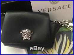 Versace key chain, Medusa, Black Leather, Silver tone