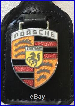 Vintage Authentic Porsche 1970s Crest Enamel Badge Black Leather Fob Keyring