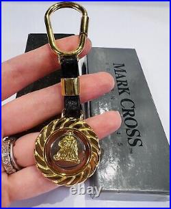 Vintage Mark Cross Black Leather Gold Plated Lion Key Chain