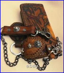 Wallet custom leather chain biker trucker skull concho kangaroo lace key ring